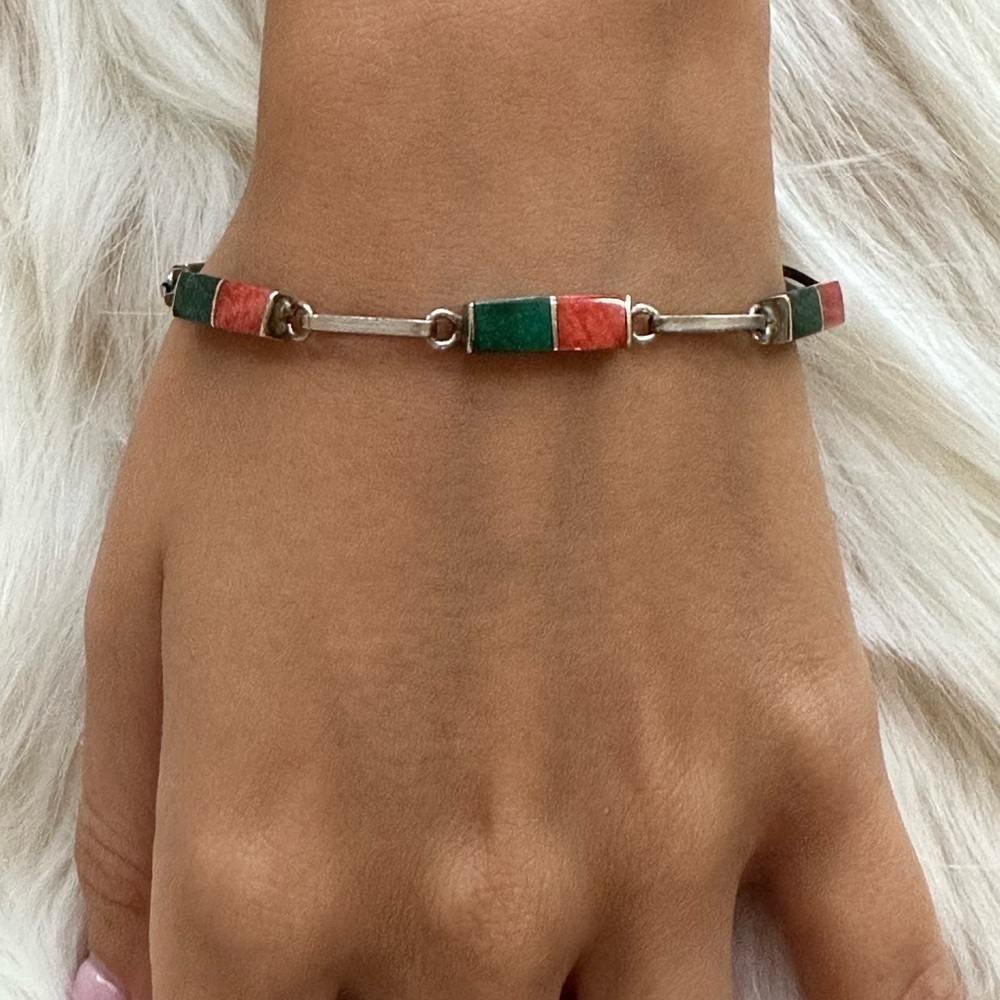 Navajo 925 sterling Greens and Coral Inlay Sterling Link Bracelet